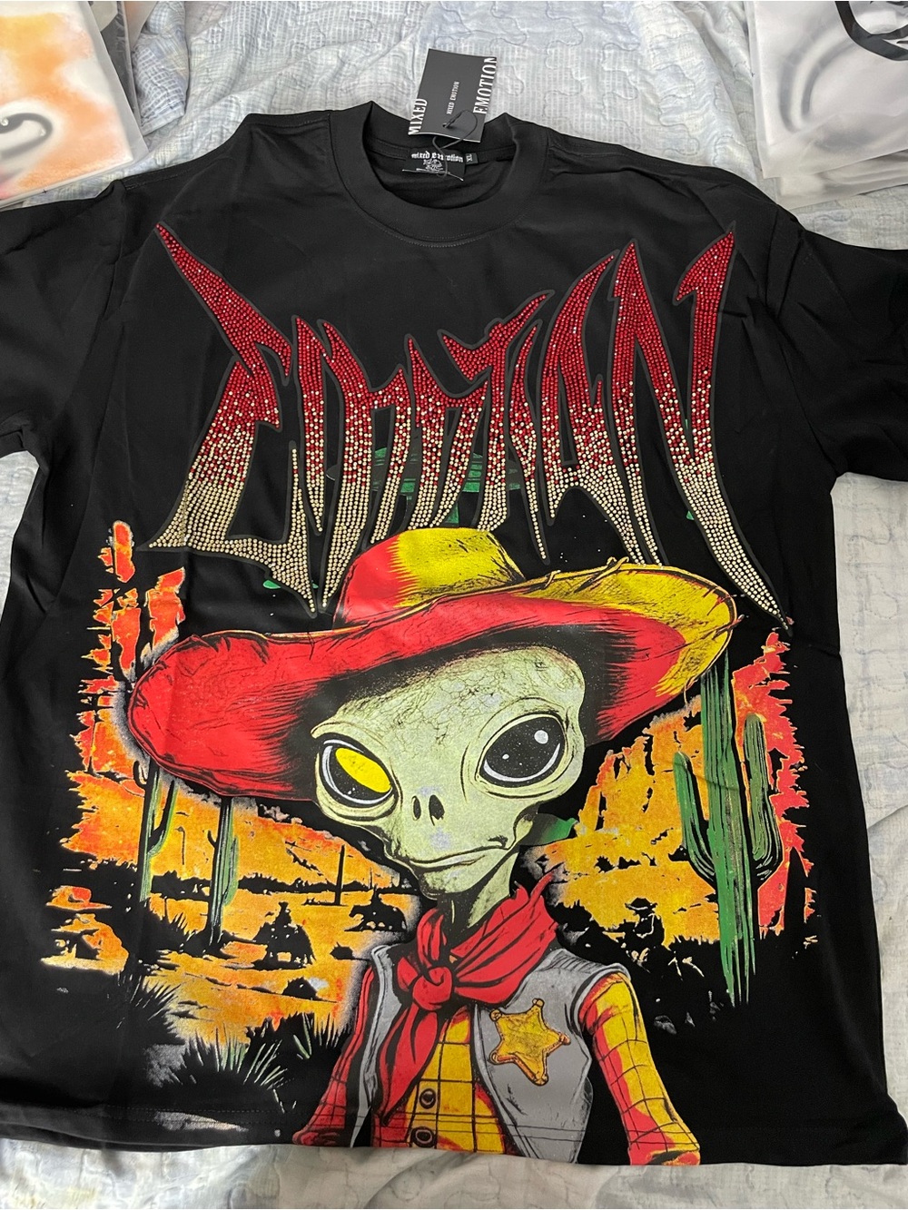 Mixed Emotions Alien Sheriff Graphic Tee - Black with Red & Yellow Print
